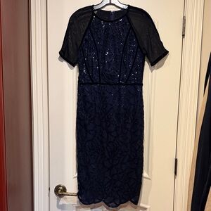 Elie Tahari Midnight Blue Sequin and Velvet Midi Dress with mesh short sleeves.